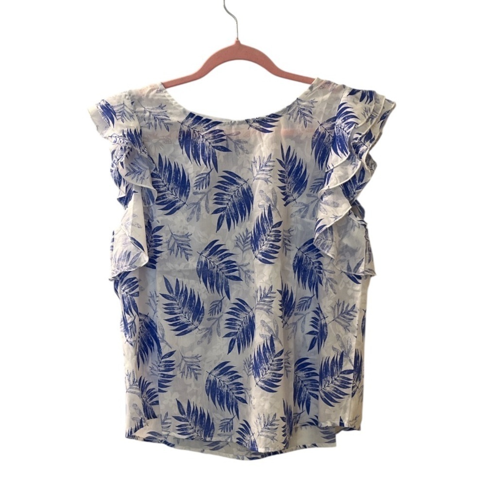 🆕 Easel Palm Leaf Top Flutter Sleeve White with Royal Blue Palm Leaves Size L